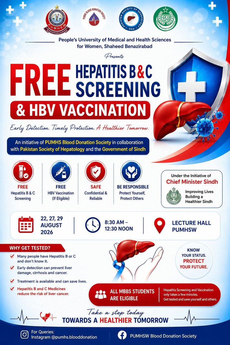 PSH_Office's tweet photo. A massive thank you to leadership of PUMHS &amp; specially Prof. Abdul Aziz Sehto for championing cause of hepatitis awareness &amp; prevention. Inspired by such continuous advocacy, PUMHS Blood Donation Society has organized Free Hepatitis B &amp; C Vaccination &amp; Screening Drive for 2026. https://t.co/zYo42aS7qW