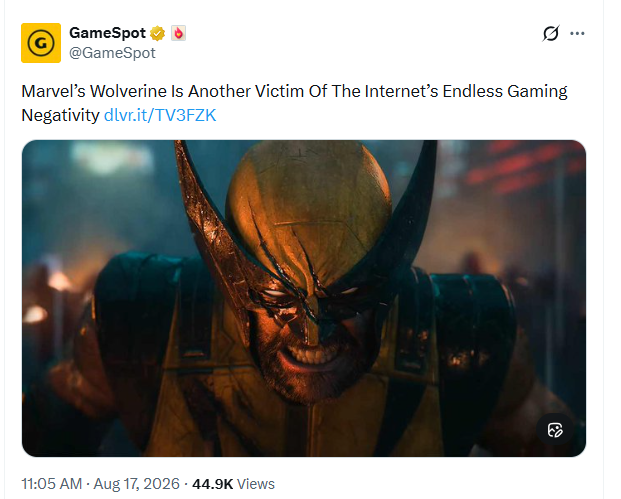 MrboomstickXL's tweet photo. THIS YOU @GameSpot? "Wolverine is another victim of the internets endless negativity" Here's their @StarfieldGame review and one of the countless @X anti-@Xbox posts from them! #JustSaying https://t.co/lfZjWOFl71