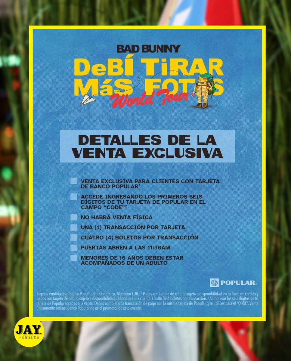 jayfonsecapr's tweet photo. 🐰 ¡Es oficial! Bad Bunny cierra su "DeBÍ TiRAR MáS FOToS World Tour" en casa, en el Estadio Hiram Bithorn, los días 22 y 23 de agosto. Cerramos en casa, donde todo empezó.

🎟️ La venta arranca este miércoles, únicamente virtual.

🚪 El día del concierto las puertas abren a las 11:30 a.m. y el show comienza a las 6:00 p.m. No habrá estacionamiento en los predios del Hiram Bithorn, y los menores de 16 años deben ir acompañados de un adulto.

🌎 Esta gira, pensada como un espectáculo internacional de estadios, arrancó en noviembre de 2025 en República Dominicana y recorrió Latinoamérica, Oceanía y Europa. Solo en Barcelona, Lisboa y Madrid reunió a más de 366,000 personas antes de venir a cerrar en la isla.

Fuente: Move Concerts

#BadBunny #DebiTirarMasFotos #HiramBithorn