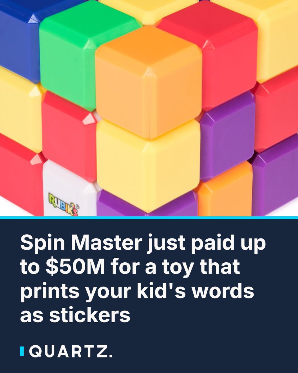 qz's tweet photo. Spin Master just paid up to $50M for a toy that prints your kid's words as stickers: Stickerbox turns a child's spoken description into a printed sticker using AI — and it's sold out 13 times since launching in late 2025. Rubik's… https://t.co/dktSSvTVdp #SpinMaster #Stickerbox https://t.co/0IMQBli7LA