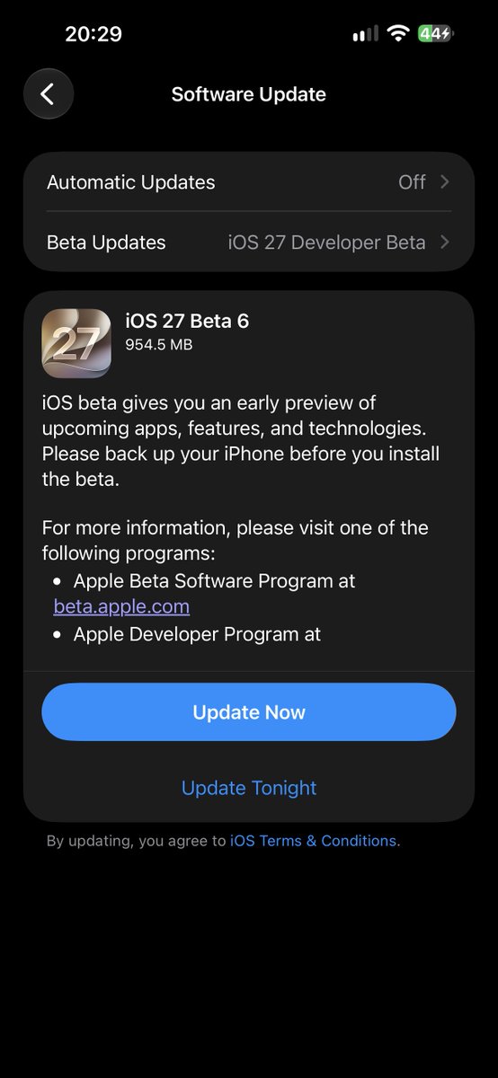 iSWUpdates's tweet photo. iOS 27.0 Developer Beta 6 (24A5418b) has been released. #iOS27 #iOS27Beta6 https://t.co/DmlBnHAO6t