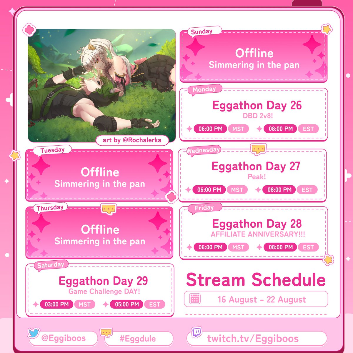 eggiboos's tweet photo. {The Breakfast Nook}
🗓️Eggdule for Aug. 16th-22nd🗓️
AFFILIATE ANNIVERSARY/GAME CHALLENGE!!
{#eggdule}
☆〜Mon- Eggathon Day 26 (DBD 2v8)
☆〜Wed- Eggathon Day 27 (Peak Ach. Hunt)
☆〜Fri- Eggathon Day 28 (Drinking Affiliate Anni.)
☆〜Sat- Eggathon Day 29 (Long Day) https://t.co/MViaH0Uzx3