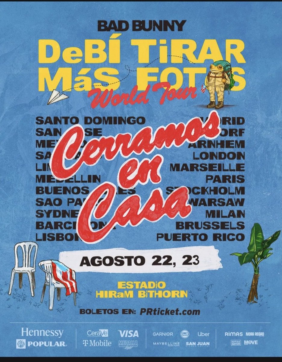 WilMochileando's tweet photo. 🐰🔥 ¡BAD BUNNY CERRARÁ SU GIRA MUNDIAL EN PUERTO RICO! 😱🇵🇷

Bad Bunny cerrará su histórica gira “DeBÍ TiRAR MáS FOToS World Tour” con dos conciertos en el Estadio Hiram Bithorn:

📅 Sábado, 22 de agosto
📅 Domingo, 23 de agosto
📍 Estadio Hiram Bithorn
🎤 El espectáculo comenzará a las 6:00 p. m.

🎟️ VENTA DE BOLETOS

Los boletos saldrán a la venta este miércoles, 19 de agosto, a las 10:00 a. m., exclusivamente a través de PR Ticket.

⚠️ Información importante:

💳 Solo podrán comprarse con tarjetas emitidas por Banco Popular de Puerto Rico.

🔢 Para acceder al mapa de asientos, deberás ingresar los primeros seis dígitos de tu tarjeta de Banco Popular.

📲 La venta será únicamente por internet.

🎫 Máximo de cuatro boletos por transacción.

💳 Solo se permitirá una transacción por tarjeta.

🎉 UNA EXPERIENCIA DURANTE TODO EL DÍA

Los predios abrirán desde las 11:30 a. m. y habrá un mercado local y experiencias de patrocinadores dentro del estadio. Solamente podrán acceder las personas que tengan un boleto válido para el concierto.

🚨 IMPORTANTE SOBRE EL ACCESO

🚫 No habrá estacionamiento disponible en el Estadio Hiram Bithorn.

🚗 Los asistentes deberán utilizar transportación pública, Uber u otras alternativas de acceso.

🎟️ Las personas que no tengan boleto no podrán entrar a los predios.

Uber ofrecerá códigos de descuento especiales para transportación hacia y desde el estadio. Las demás opciones de acceso y logística serán anunciadas próximamente.

🔥🇵🇷