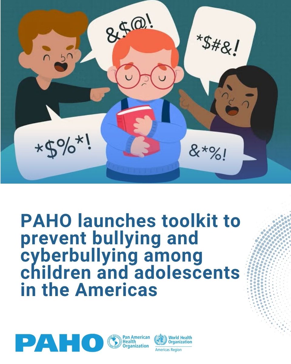 pahowho's tweet photo. 🛎️ Bullying and cyberbullying affect millions of children and adolescents across the Americas. PAHO's new toolkit provides evidence-based strategies for prevention, early identification, care, and support.

🔗 https://t.co/PIzJr6Hqv7

#EndBullying #MentalHealth https://t.co/X9DPs47jav