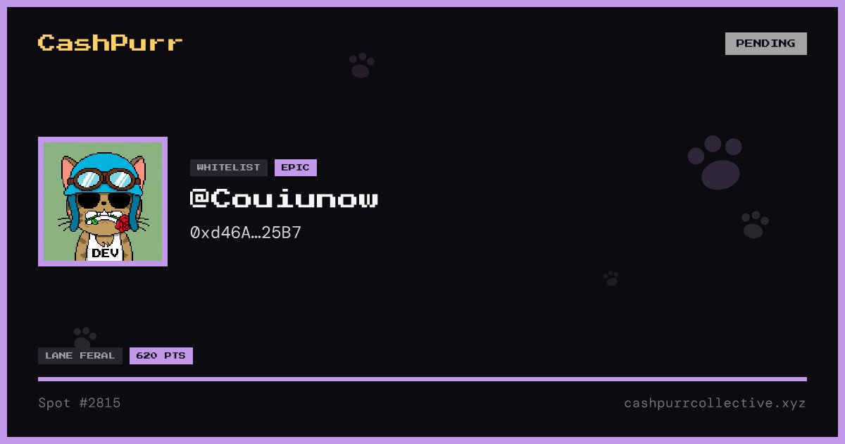 Couiunow's tweet photo. Purrlist card No. 2815 — issued to @Couiunow.

Feral lane · 3 mint allocation
670 points banked

5,555 cats on Robinhood Chain. Stake them, earn pSTOCKS, play the arcade in USDG.

#CashPurr #Purrlist https://t.co/NdQ2wETrer https://t.co/iNk6gIypkk