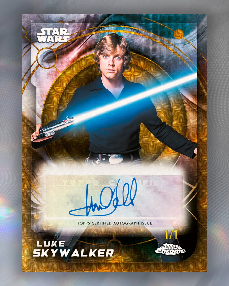 Topps's tweet photo. FIRST LOOK: Luke Skywalker 1/1 Superfractor Autograph in 2026 Topps Chrome Star Wars https://t.co/JyO61bXljM