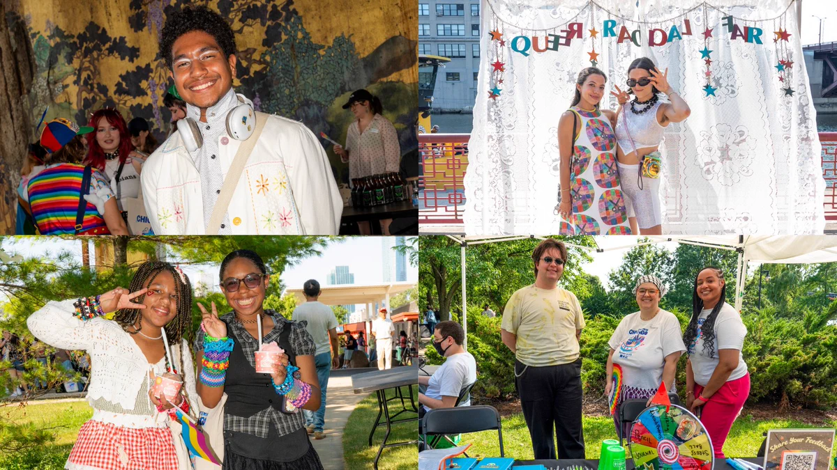 1) A young person smiles radiantly showing off their Queer Radical Fair outfit.  2) Two young people in front of a Queer Radical Fair step and repeat. 3) Chicago Public Library staff smile behind an engagement table full of YOUmedia swag. 4) Two young people show off their Rainbow Cone ice cream. 5) TRQPiTECA plays music at their DJ table. 6) A pinboard holds a variety of Queer Radical Fair button pins.
