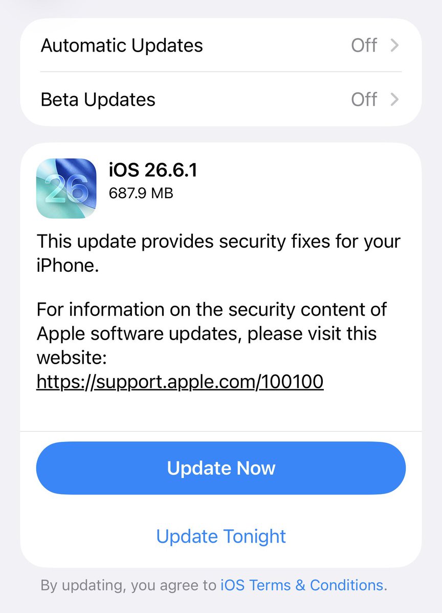 BrandonButch's tweet photo. Apple also released iOS 26.6.1!

This is a different build from last week’s RC release. https://t.co/p1BHc6v3yE