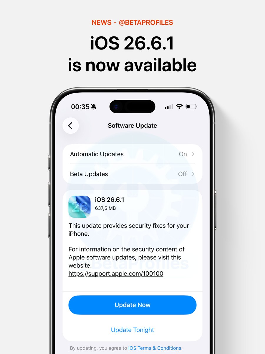 BetaProfiles's tweet photo. Apple has released iOS 26.6.1 🔥 https://t.co/9g9UPCHzi8