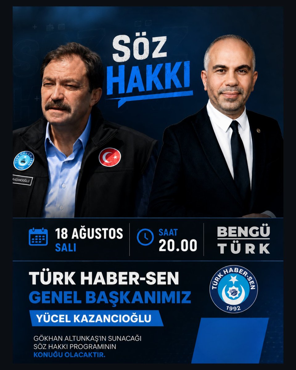 yucelkazancoglu's tweet photo. Yarın akşam Bengü Türk ekranlarında, Gökhan Altunkaş’ın sunduğu Söz Hakkı programının konuğu olacağım.

Başta PTT çalışanlarımızı yakından ilgilendiren son düzenlemeler ve gelişmeler olmak üzere, çalışma hayatına ve kamu çalışanlarımızın gündemine ilişkin değerlendirmelerde bulunacağız.

📅 18 Ağustos Salı
🕗 20.00
📺 Bengü Türk