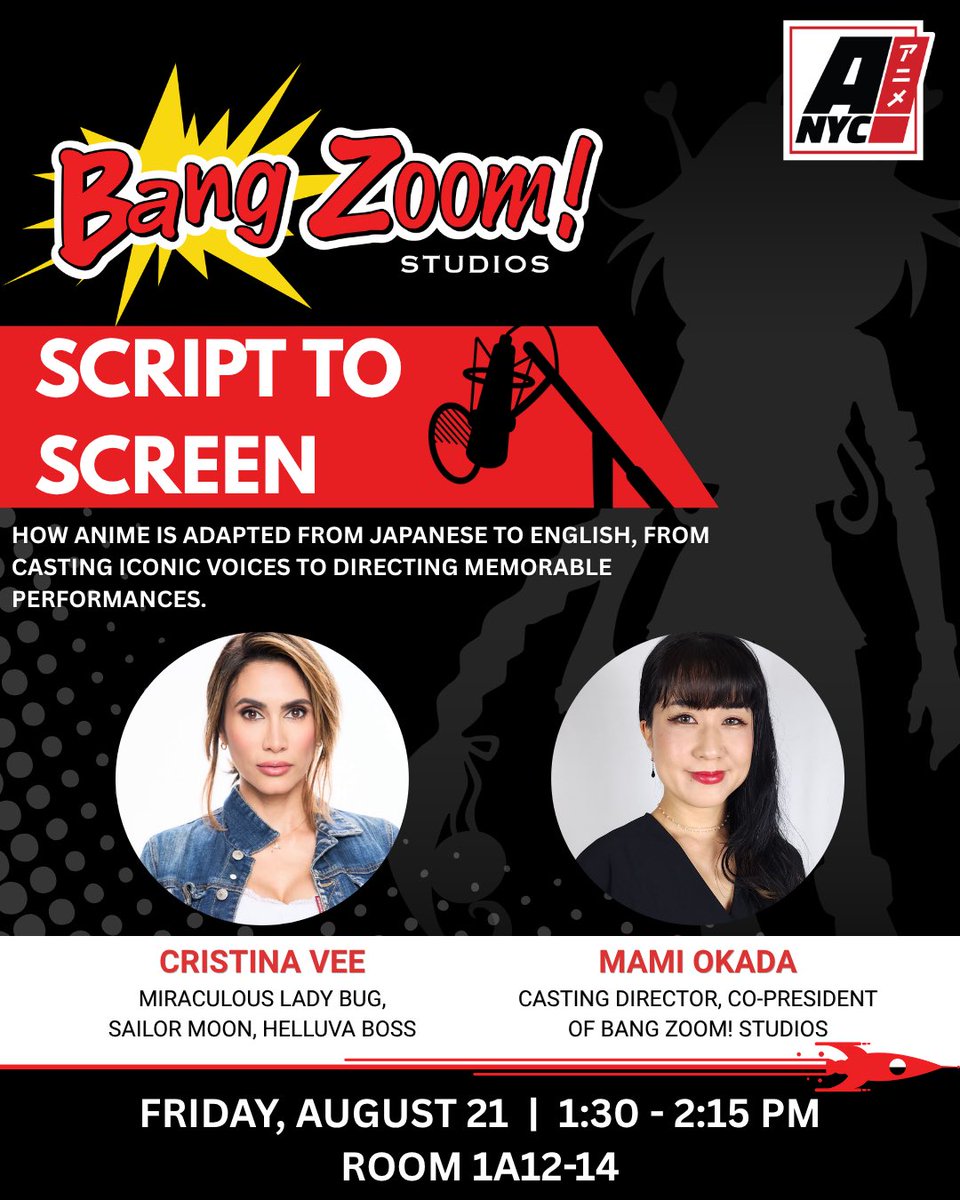 BangZoom's tweet photo. Join us for a behind-the-scenes look at anime localization at @animenyc 🚀 Learn from casting director, Mami Okada, and voice actress &amp; director, @CristinaVee what it takes to bring anime to your screens. From adapting to directing iconic voices!

We can’t wait to see you NYC! 🗽 https://t.co/R3takawVzW