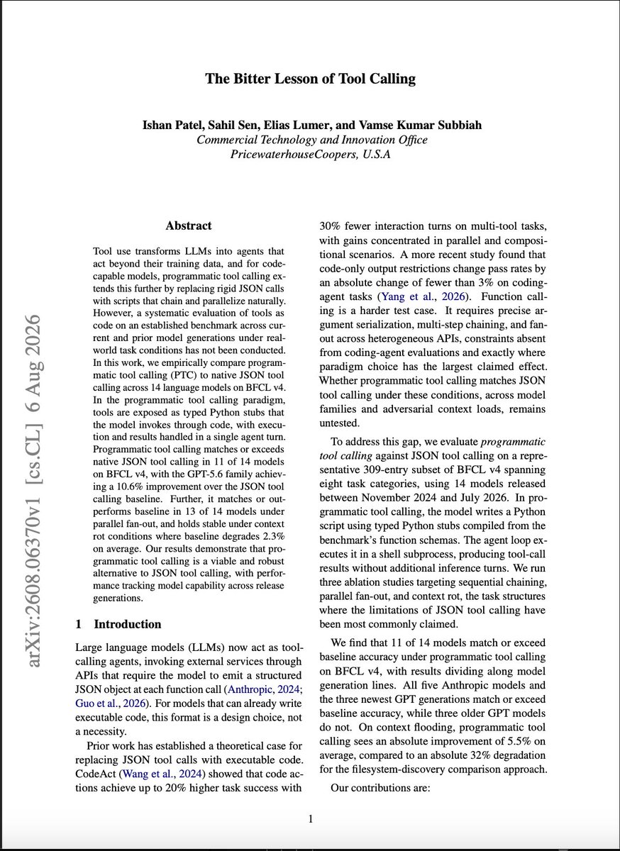 TondulkarR's tweet photo. No tool calls is the future!

New paper shows that letting models write actual Python code to call tools beats the rigid JSON tool-calling paradigm that almost every agent framework still uses.

They tested Programmatic Tool Calling (PTC) vs native JSON tool calling on BFCL v4 across 14 models

Results:
PTC matches or beats JSON in 11 of 14 models
GPT-5.6 family: +10.6% absolute
On long sequential chains: up to +18.8%
Parallel fan-out: PTC stays perfect at N=100 while JSON collapses after ~70 calls
Context flooding (128 schemas): PTC stays stable, JSON drops 2.3%

The pattern is clear — capability tracks model generation, not vendor. Newer models simply handle code better than structured JSON.

Are we still forcing models into JSON because it’s convenient for us, or because it’s actually better for them?
