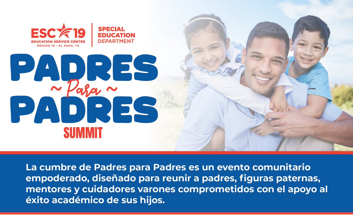 ESC19Behavior's tweet photo. The Fathers for Fathers Summit is an empowering community event designed to bring together fathers, father figures, mentors, and male caregivers who are committed to supporting the academic success of their children. This summit creates a collaborative space where men can connect, learn, and gain practical strategies to help their children thrive in school and beyond. Through interactive workshops, expert-led discussions, and hands-on learning sessions, attendees will explore ways to strengthen their involvement in their child’s education, build effective home-school partnerships, and foster environments that promote confidence, curiosity, and achievement. 
Register here: https://t.co/S3Z2px0dag