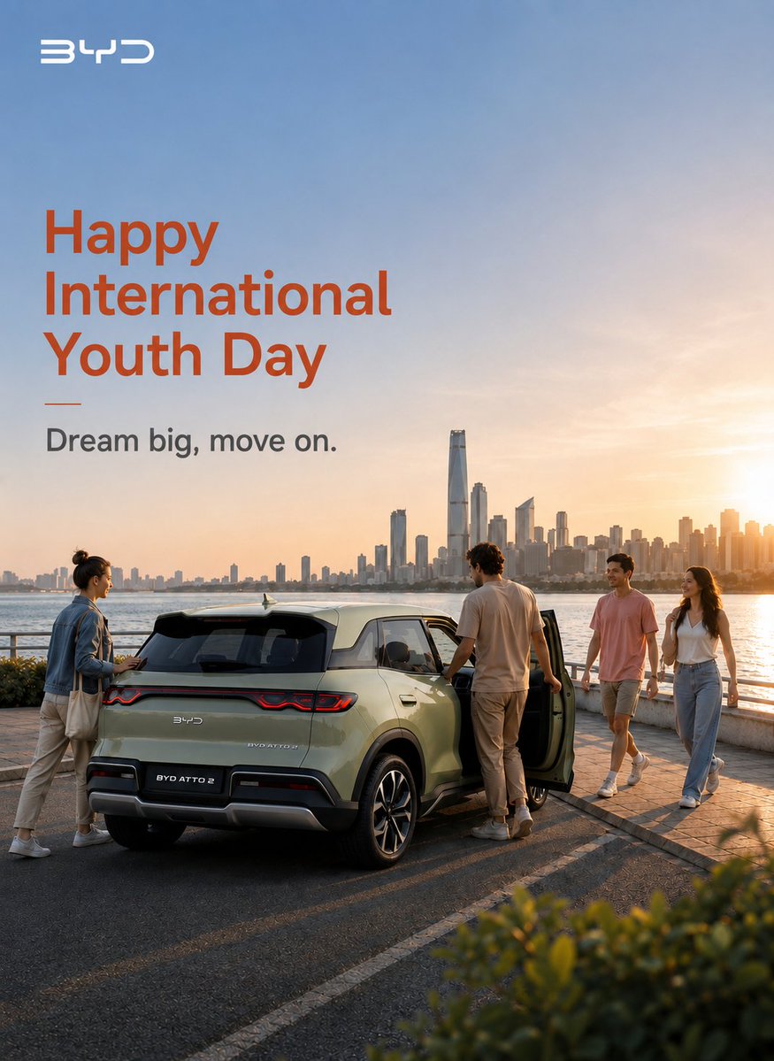 BYDGlobal's tweet photo. Dream big, move on. 🌍✨

Today we celebrate the energy, ambition, resilience and ideas of a generation always ready to move forward. And shape what comes next.

Happy International Youth Day from BYD.

#BYD #BuildYourDreams #UNInternationalYouthDay https://t.co/XvdRGpVmkH