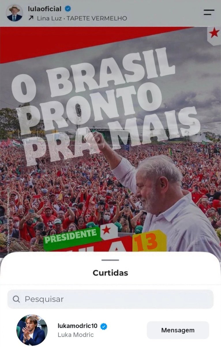 squadslbmc's tweet photo. 🚨🚨Luka Modrić curtiu publicação de Lula sobre sua candidatura à reeleição da presidência do Brasil. https://t.co/mqDe7WlWfj