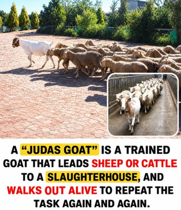 Global_Folder's tweet photo. A “Judas goat” refers to a specially trained goat employed to guide sheep or cattle in the direction handlers require. In certain stockyards and slaughter facilities the animal is conditioned to walk quietly among the herd and steer the other livestock toward holding pens, transport vehicles or the slaughter area.

What sets it apart is that the goat itself is not harmed.

Once it has directed the group to the intended location it is returned and can perform the same task again. Historical records note that some Judas goats completed this journey with successive herds on multiple occasions.

The name draws from Judas Iscariot, the biblical figure whose actions became synonymous with betrayal.
