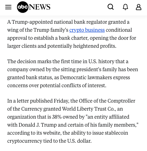 RBReich's tweet photo. I've never seen anything like this.

The Trump admin just granted preliminary approval of a federal bank charter to the family's crypto firm World Liberty Financial.

Remember: Trump raked in almost $800 million from WLF last year.

No president has used their power to profit the way Trump has.