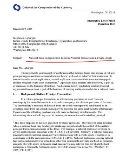Dee_Brug's tweet photo. U.S. banks can now buy and sell crypto for customers — no special approval needed.OCC guidance clears the path for national banks to execute trades and outsource the rest. One of the last big barriers just quietly came down.

#Bitcoin #Crypto https://t.co/azDEok2L3t
