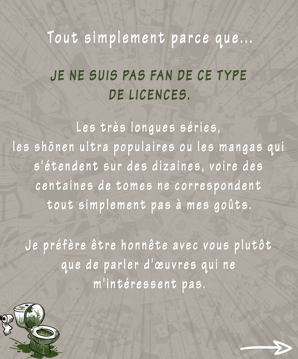 WC_MANGA's tweet photo. 🚽📖 Petite mise au point sur WC Manga !

Si vous attendez certains grands noms du manga par ici… vous risquez d’attendre longtemps. 😅

Ce n’est pas un oubli, c’est un choix et surtout une question de goûts !

👉 Je vous explique pourquoi dans ce carrousel. https://t.co/mqg0kb7nw5