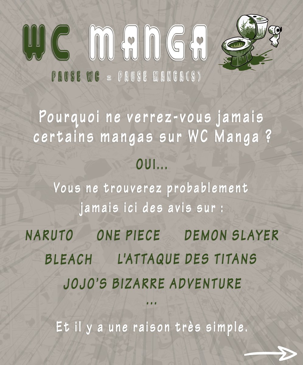 WC_MANGA's tweet photo. 🚽📖 Petite mise au point sur WC Manga !

Si vous attendez certains grands noms du manga par ici… vous risquez d’attendre longtemps. 😅

Ce n’est pas un oubli, c’est un choix et surtout une question de goûts !

👉 Je vous explique pourquoi dans ce carrousel. https://t.co/mqg0kb7nw5