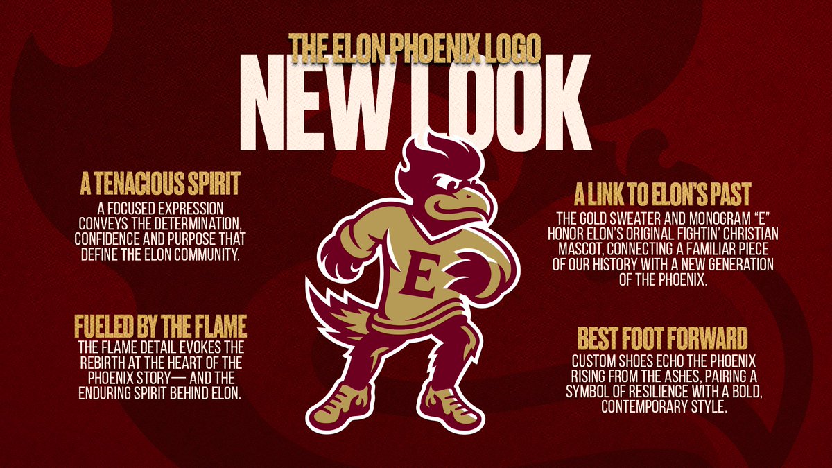 ElonPhoenix's tweet photo. Meet the new look of the Elon Phoenix.

Rooted in our history.
Built with purpose.
Ready for what’s next.

#PhoenixRising https://t.co/ZavobfB6TT