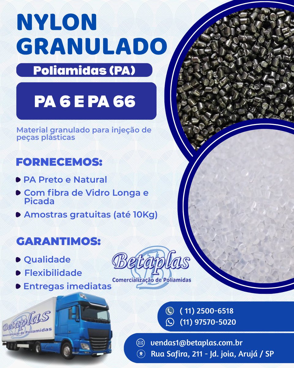 BETAPLAS's tweet photo. Na Betaplas, trabalhamos para que sua empresa tenha matéria-prima de alta qualidade, disponibilidade imediata e um processo de homologação simples e seguro.

📦 Poliamida/Nylon granulado para injeção de peças.
📋 Amostras gratuitas de até 10 kg para testes e homologação. https://t.co/VvvlWZNLHo