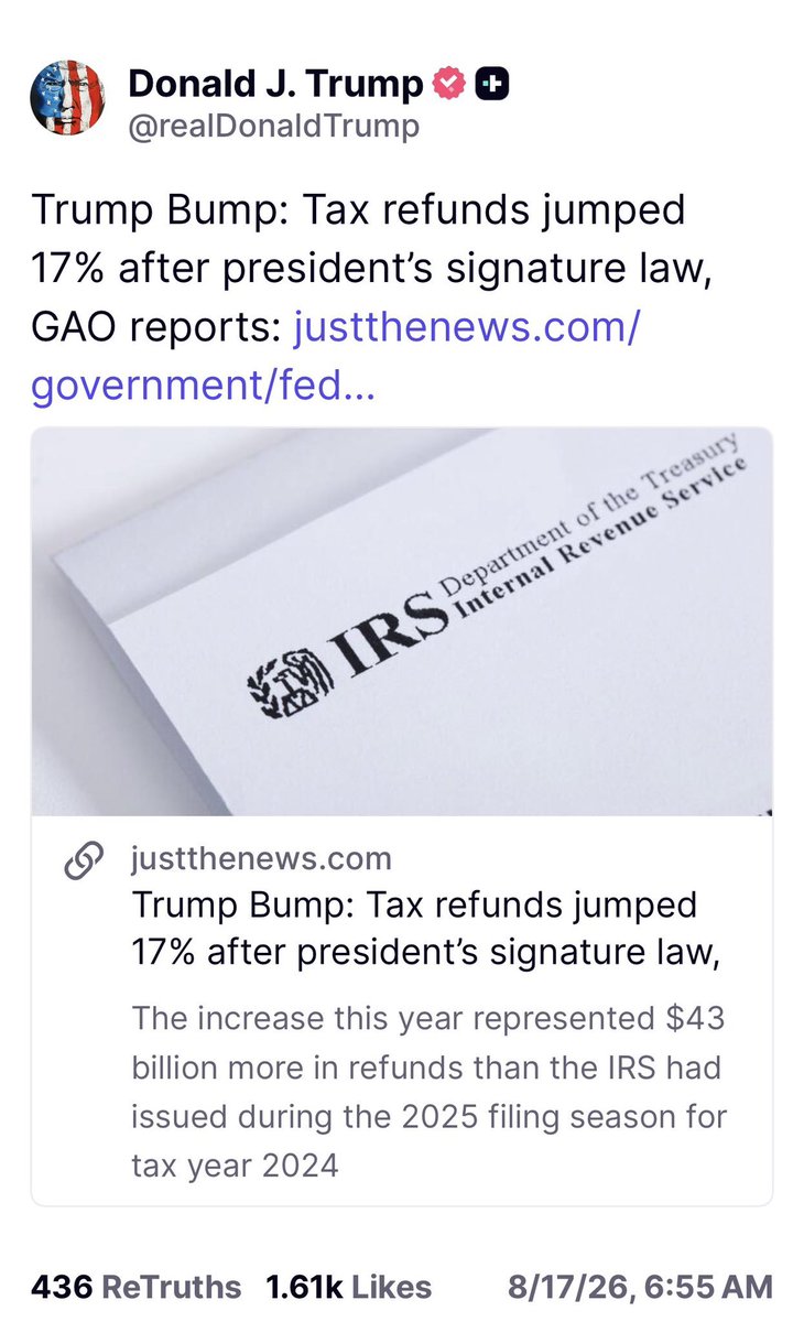 JulieSnarkQ's tweet photo. President Trump Post:

“Trump Bump: Tax refunds jumped 17% after president's signature law”

IRS officials told the GAO that the unit did not have enough employees "to process returns timely."

Didn’t have enough employees? Hahaha 😂 ⏰ BYE CRIMINALS

I love when 17 jumps.  🐸 😏 https://t.co/X8OOCCVVT3