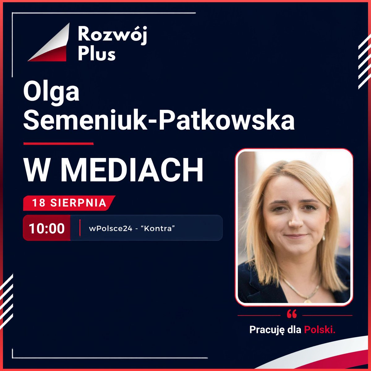OlgaEwaSemeniuk's tweet photo. Zapraszam jutro o 10.00 do @wPolscepl na program Kontra. Do zobaczenia! 🇵🇱 https://t.co/Xjbt4iP8gk