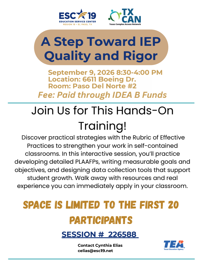 ESC19Behavior's tweet photo. Join us on September 9th for "A Step Toward IEP Quality &amp; Rigor". No fee to attend! https://t.co/mxYAxKwQnZ