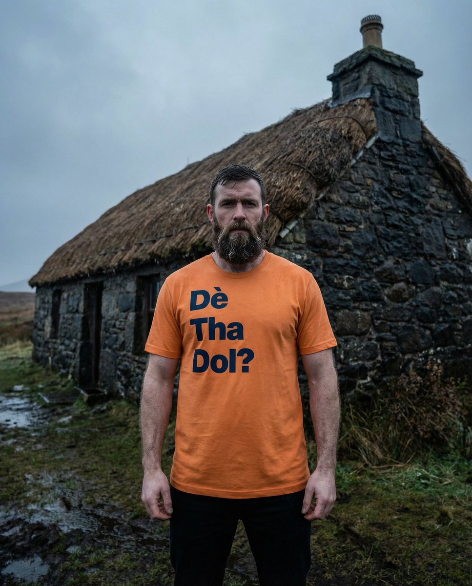 ArtTeeShow's tweet photo. The original Dè Tha Dol? Tee is reduced until it goes. 

Three words in Gaelic on a tee, made so people would ask what it meant.

Enough of them did that there's now a heavier version coming.

When that lands, this one is archived. https://t.co/TOcpOMoUi3