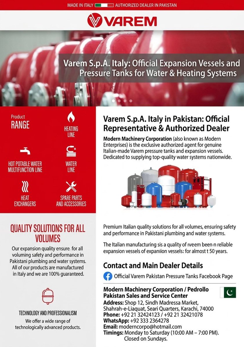 PedrolloCorp's tweet photo. 🇮🇹 VAREM SpA ITALY - #Pressuretanks in #Pakistan
A global leader in Expansion Vessels for water booster systems

🏬 Official Authorized Agent &amp; representative of Varem 100% genuine products with nationwide distribution.
Modern Machinery
📞 03332364278
moderncorpo@hotmail.com https://t.co/sQRHLMbDMq