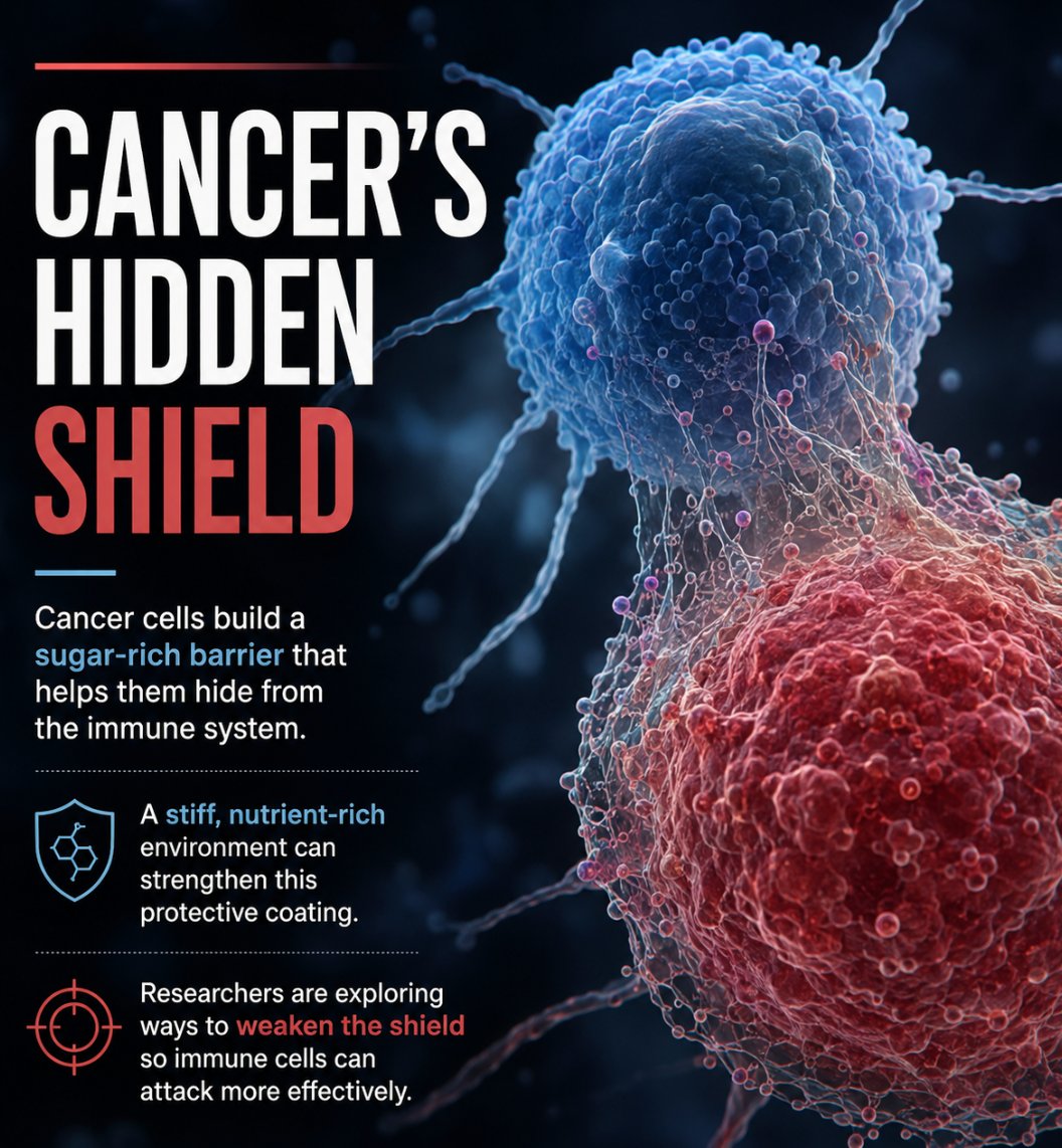 mindblowndail's tweet photo. Scientists found a potential “sugar shield” that helps cancer cells evade the immune system.

Researchers are exploring whether weakening this shield could make tumors easier to attack https://t.co/SuodAVb35X
