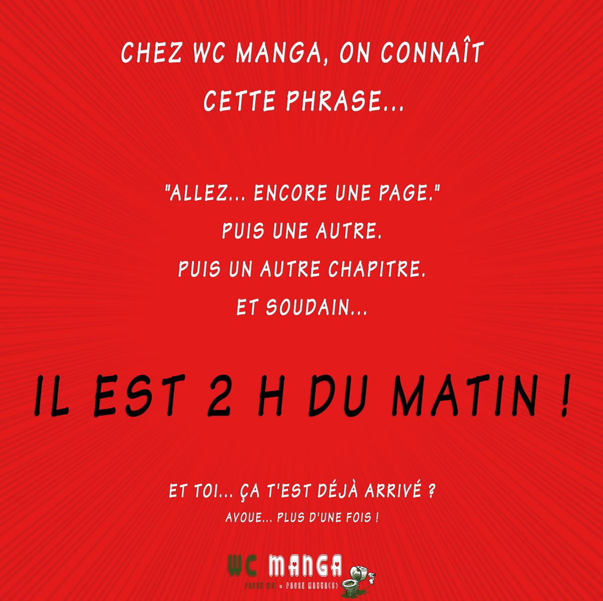 WC_MANGA's tweet photo. Avoue... 😉

On est tous déjà tombés dans le piège du "plus qu'une page"... 😂

Et toi, c'est quoi ton record de lecture tardive ? 🌙👇 https://t.co/jZbQjgWOmP