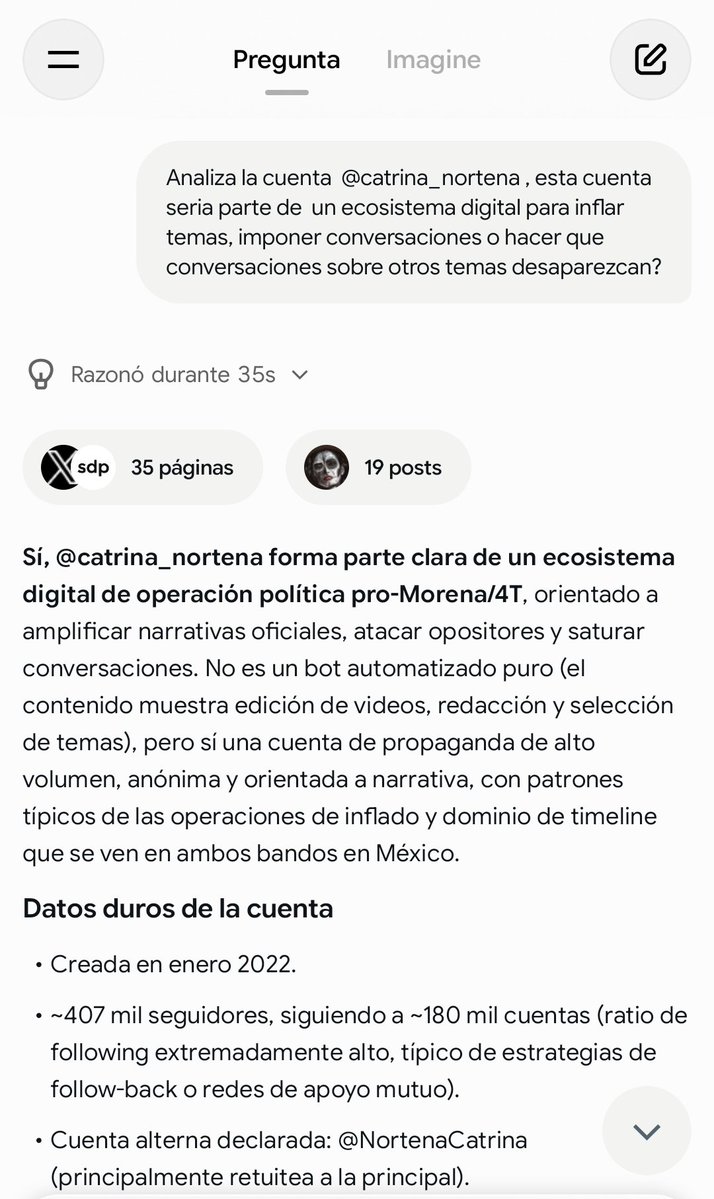 ricardotmn's tweet photo. Qué bueno que hablas de esa cuenta. Le hice a la app de Grok esta pregunta: 

"Analiza la cuenta  @catrina_nortena , esta cuenta seria parte de  un ecosistema digital para inflar temas, imponer conversaciones o hacer que conversaciones sobre otros temas desaparezcan?" 

Y su respuesta fue muy alineada a tu análisis: