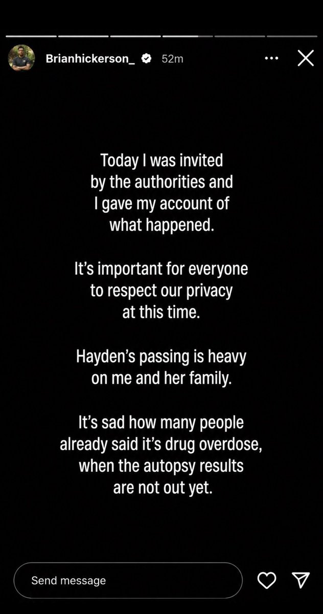freakin_snow's tweet photo. Hayden Panettiere ‘s boyfriend Brian Hickerson who reportedly was with her a day before she passed posted via instagram that he was invited by the authorities. He was previously accused of abusing the actress and remains the prime suspect in the case as per police reports. https://t.co/7BogBc1Vao
