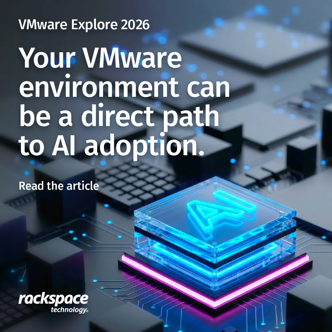 A promotional image for VMware Explore 2026 featuring a futuristic circuit board with a glowing "AI" logo on a raised platform. Text on the image promotes using VMware environments for AI adoption. The logos of VMware and Rackspace Technology are visible.