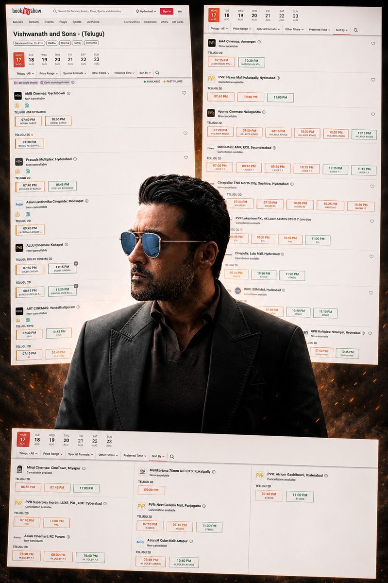 Vishnusuriyatcr's tweet photo. Hyderabad City 🔥 Tonight evening &amp; night shows!! #VishwanathAndSons Rampage...💥 #TheONE @Suriya_offl rule! Walk-ins were high across single screens #BlockbusterVAS https://t.co/Ef8reZIVMe