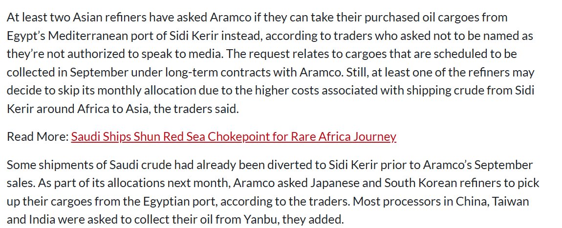EGYOSINT's tweet photo. 🇸🇦🇪🇬 Bloomberg reports that Asian refiners are seeking to lift Saudi crude from Egypt’s Mediterranean port of Sidi Kerir rather than Yanbu, as security risks in the Red Sea and Bab el Mandeb make it increasingly difficult to secure vessels willing to sail the route.

💢 The requests cover September cargoes supplied under long term contracts with Saudi Aramco. At least two Asian refiners have asked to load at Sidi Kerir, while Aramco has already directed some Japanese and South Korean buyers to collect their allocations from the Egyptian terminal.

💢 The shift follows recent Houthi attacks on tankers and energy infrastructure across the Red Sea region and Saudi Arabia, adding further pressure to shipping routes already disrupted by the wider Middle East conflict.

💢 So how does Saudi crude reach the Mediterranean? 🛢 oil from Yanbu can be shipped across the Red Sea to Egypt’s Ain Sokhna terminal, then pumped across the country through the SUMED pipeline to Sidi Kerir on the Mediterranean coast.

💢 SUMED runs roughly 320 kilometers parallel to the Suez Canal and consists of two 42 inch pipelines with a combined capacity of around 2.5 to 2.8 million barrels per day, providing Saudi Arabia with a strategic alternative for moving crude to the Mediterranean while bypassing Bab el-Mandeb.

💢 Fresh Kpler cargo data already shows a sharp surge in flows through Sidi Kerir, averaging roughly 2.3 million barrels per day during the first half of August 2026, more than double the approximately 1 million bpd recorded in July.