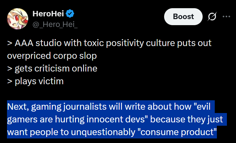 _Hero_Hei_'s tweet photo. Called it 😂

Jokes aside, we all knew this was going to happen.  

Gaming journalists always defend the corpos.  
They are so predictable. https://t.co/2ML9Bt63eh