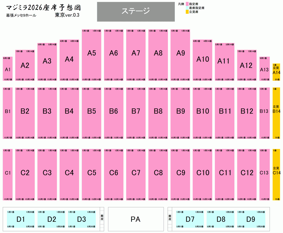 tubame0503's tweet photo. #マジミラ 東京の発券開始は本日10時からですが既に席番が出ているようなので #マジカルミライ2026 東京の座席予想図をUPしておきます。本座席表は5ちゃんねる"初音ミクLIVE総合"スレ有志の報告を元に予想しており随時スレ内で更新予定です。更新版の参照や不一致等のご指摘はLIVEスレでお願いします https://t.co/u0Cl4RoHUH