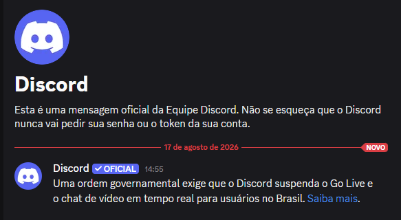 cortes1v4's tweet photo. 🚨 URGENTE: DISCORD PODE SUSPENDER RECURSOS NO BRASIL! 🇧🇷⚠️

O Discord informou que recebeu uma ordem governamental exigindo a suspensão do Go Live e do chat de vídeo em tempo real para usuários no Brasil.

A mudança pode afetar milhares de comunidades e usuários que utilizam a plataforma diariamente. 👀

O Discord já começou a avisar os usuários.
