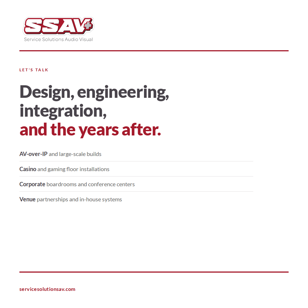 SSAudioVisual's tweet photo. Design, engineering, integration, and the years after.
AV-over-IP. Casino floors. Boardrooms. Venue systems. https://t.co/sefyBu1rQJ