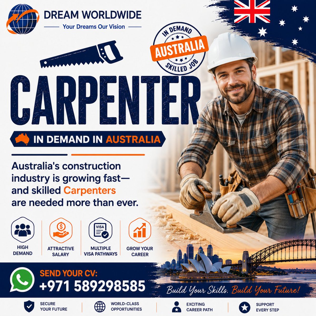 DwwCareer's tweet photo. 🇦🇺 Carpenter: Discover state-nominated and regional migration opportunities. Begin your assessment today. 🌐 dwwcareer dot com 📲 WhatsApp: +971589298585 #CarpenterAustralia #TradeMigration #SkilledVisa #EOIAustralia https://t.co/GcZuAeoF22