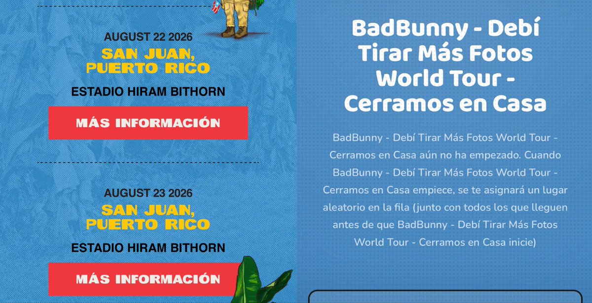 itscarlosivan's tweet photo. Para entrar a la sala de espera virtual para las taquillas del concierto de Bad Bunny🚨🇵🇷

Si entran desde el website oficial de su tour (https://t.co/QiRs9LRbsj), los lleva a la sala directa para el evento. Si entran desde PR Ticket les va a tocar otra fila adicional🎫 https://t.co/VVcuZCT561