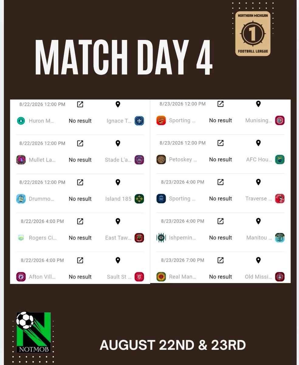 NMFFLsoccer's tweet photo. Here are the fixtures for Matchday 4 this weekend. https://t.co/UyNLhxTbp3
