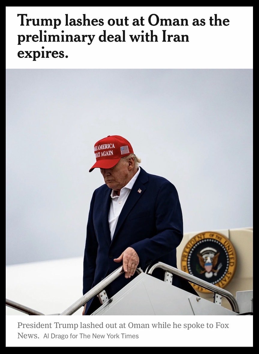 kangaroos991's tweet photo. OMG, Trump's Iran DEAL has collapsed!
In a @FoxNews interview he 'lashed' out
at Oman who's been trying to 'fix up' his
MESS! 😡 Typical, he creates a problem,
blames #everyone else, and accepts NO
responsibility, for a #War he started! 👎

👇Cr: @NYtimes #BooTrump #VoteBlue https://t.co/qSduLJmQxS