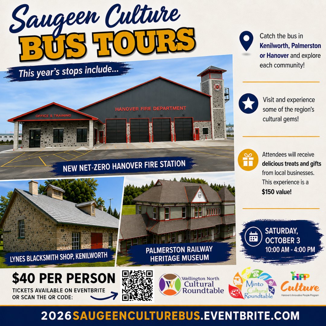 TownofHanover's tweet photo. 🚌✨ Hop aboard the 2026 Saugeen Culture Bus Tour!
Explore unique cultural destinations across Hanover, Minto & Wellington North, Minto & Hanover on Oct. 3, 2026. 🔨🌾🚂🎨🚒
Tickets on sale now: https://t.co/3sfAzmTXLo Seats are limited!
#ExploreLocal #CultureTour https://t.co/62AyOtZZh5