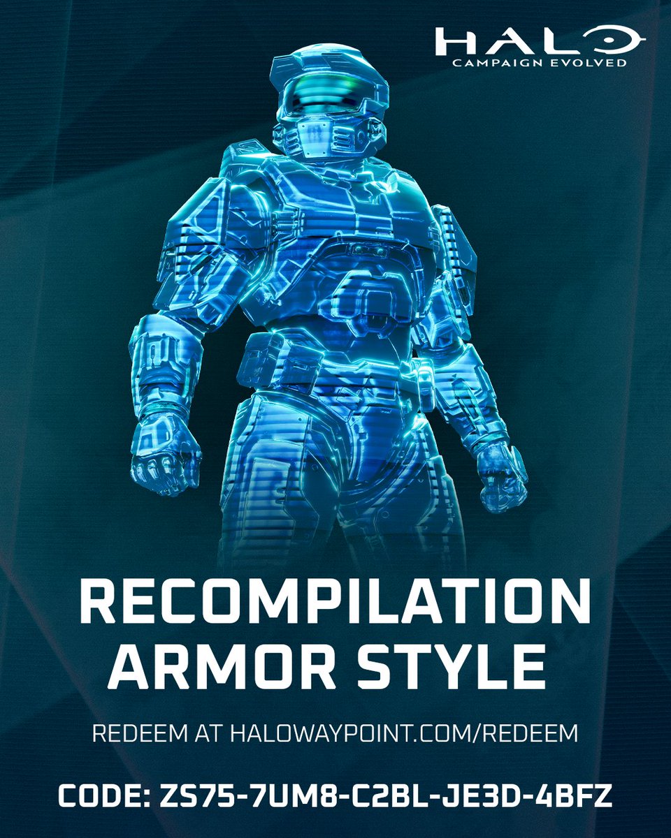 Halo's tweet photo. Upgrade your game, upgrade your armor. 🔥

Download the new update available for #HaloCE for bug fixes and new gameplay features.🟩

Plus, you can redeem the Recompilation armor style in electric blue now on Halo Waypoint. 🟦

https://t.co/5YlIe9OzQU https://t.co/bc40xN1SdC