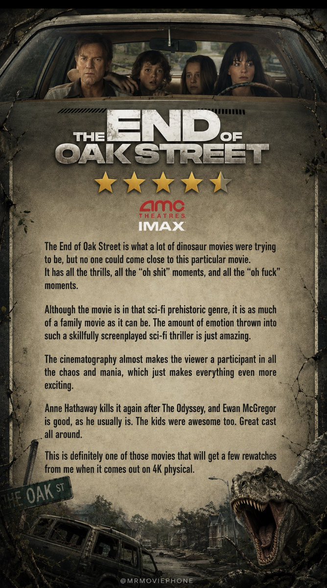 MrMoviePhone's tweet photo. My review of #EndOfOakStreet #AnneHathaway #EwanMcGregor #IMAX #AMCTheatres #SciFi #DinosaurMovie #MovieReview #Letterboxd #MrMoviePhone https://t.co/9lF3wKB9Fa