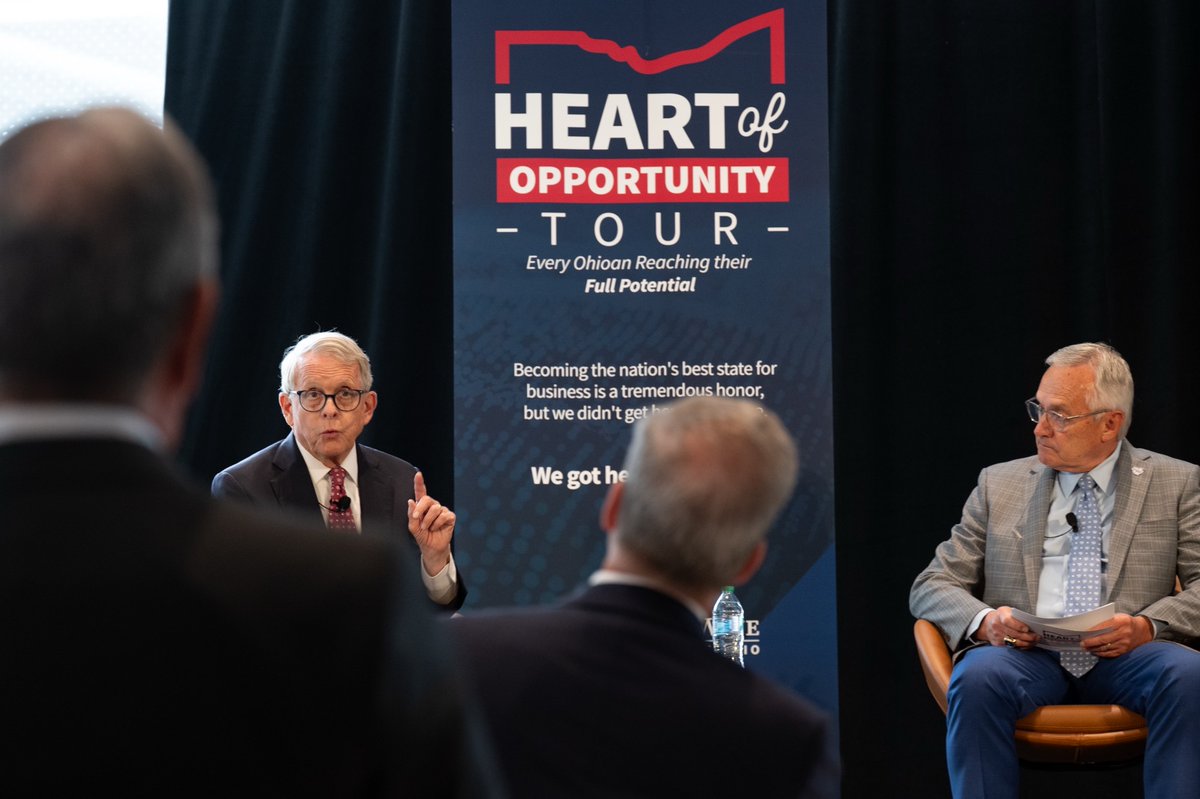 GovMikeDeWine's tweet photo. This morning, @LtGovJimTressel and I kicked off our Heart of Opportunity Tour at Rocket Arena in Cleveland to celebrate Ohio’s place atop @CNBC's list of America’s Top States for Business. Our panelists included Ohio Department of Development Director Lydia Mihalik and Team NEO CEO Matt Dolan.

The Northeast Ohio region continues to see strong momentum, including Sherwin-Williams’ new downtown Cleveland headquarters, Ford adding 2,000 new jobs, and Flexjet adding 976 new jobs, to name just a few. We’re also cleaning up brownfield sites to make them economically viable, preserving our historic sites, and investing in our lakefront so Ohioans have an even better place to work, live, and raise a family.